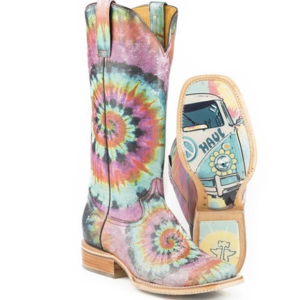 TIN HAUL "Happy Hippie" groovy rainbow tie dye leather cowgirl boots in box NWT